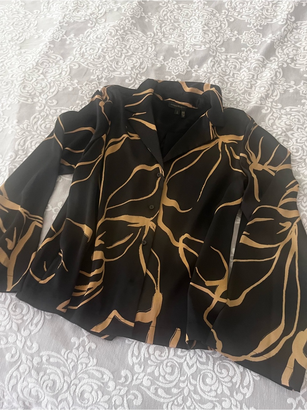 New Donna Karan Black Blouse with Gold Abstract Brushstroke Design size L